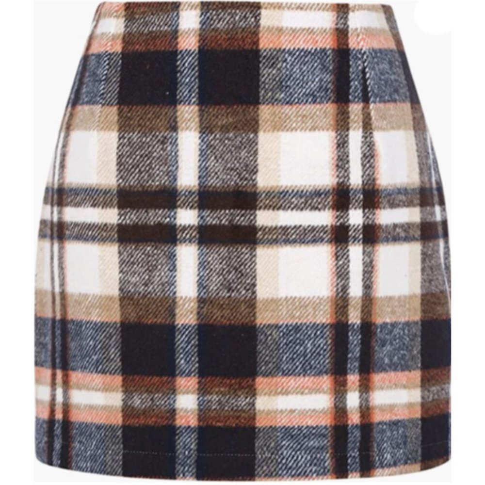 Brown Multi Plaid Printed Knit High Waist Fitted Pencil Bodycon Mini Skirt - Picture 5 of 7